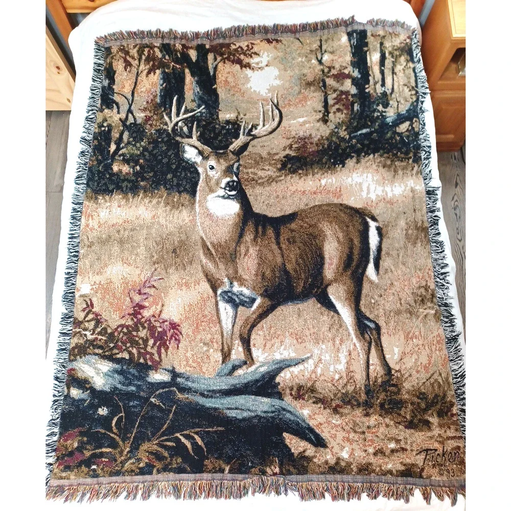 VTG Picken '93 Deer Buck Throw Tapestry Fringe Blanket Wall 50x65 Cabin Hunting